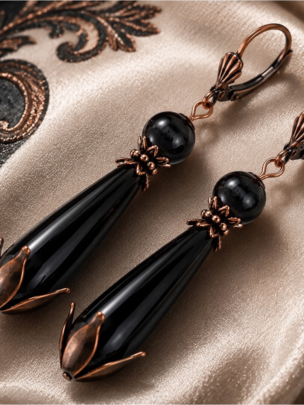 Black Cat Eye Art Nouveau Teardrop Earrings, Antique Copper, Premium Hooks, OOAK - Picture 5 of 9
